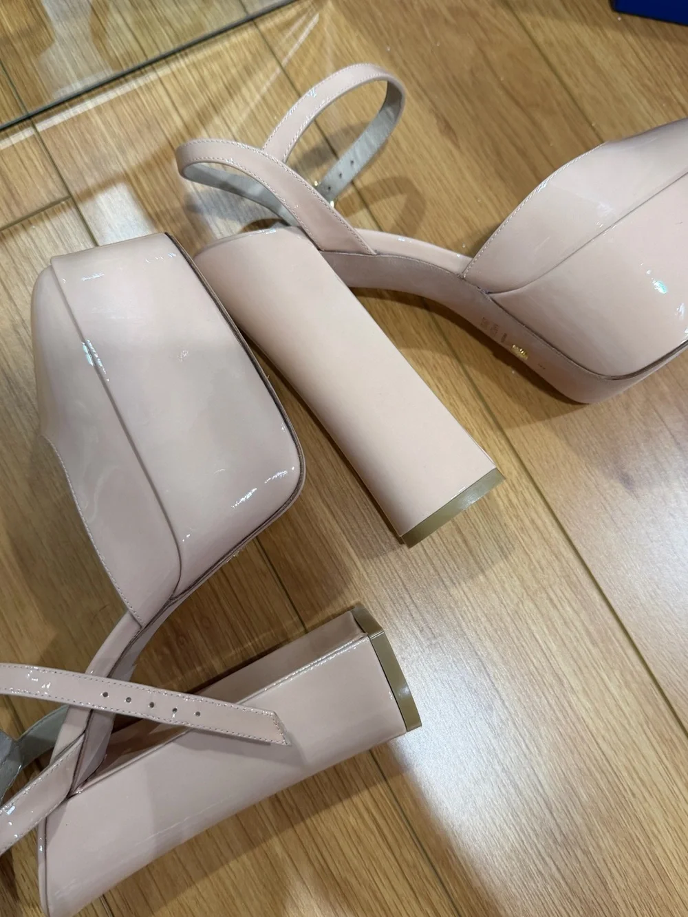 Stuart Weitzman Nude Patent Sky-High Platform Ankle-Strap Pumps